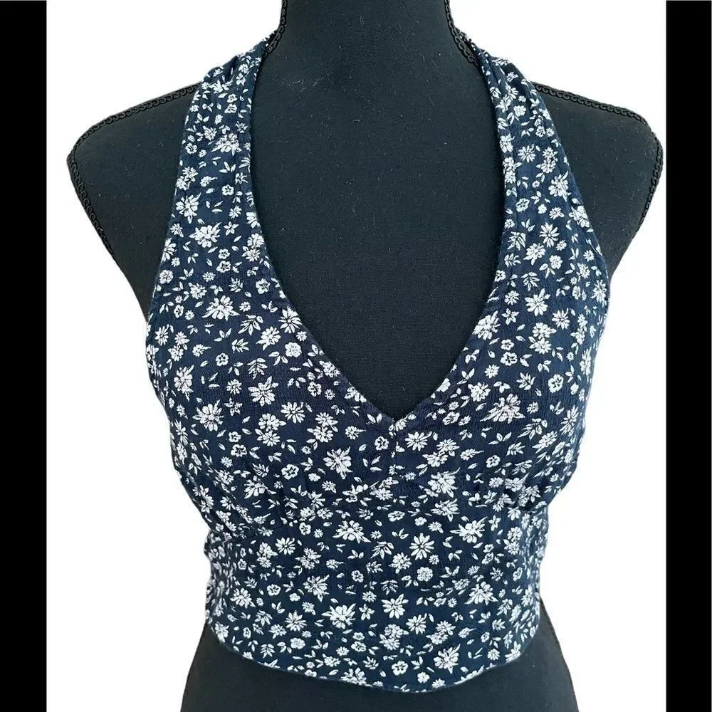 American Eagle Outfitters navy/ cream lined floral halter top with smocked back